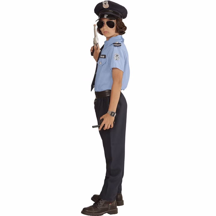 Polizei Kostüm Kinder Alex Seitenansicht Uniform Blau Police Polizei Kostüm Alex für Kinder mit hellblauem Uniform-Oberteil, dunkler Hose, Gürtel, Krawatte und Polizeimütze in Seitenansicht.
