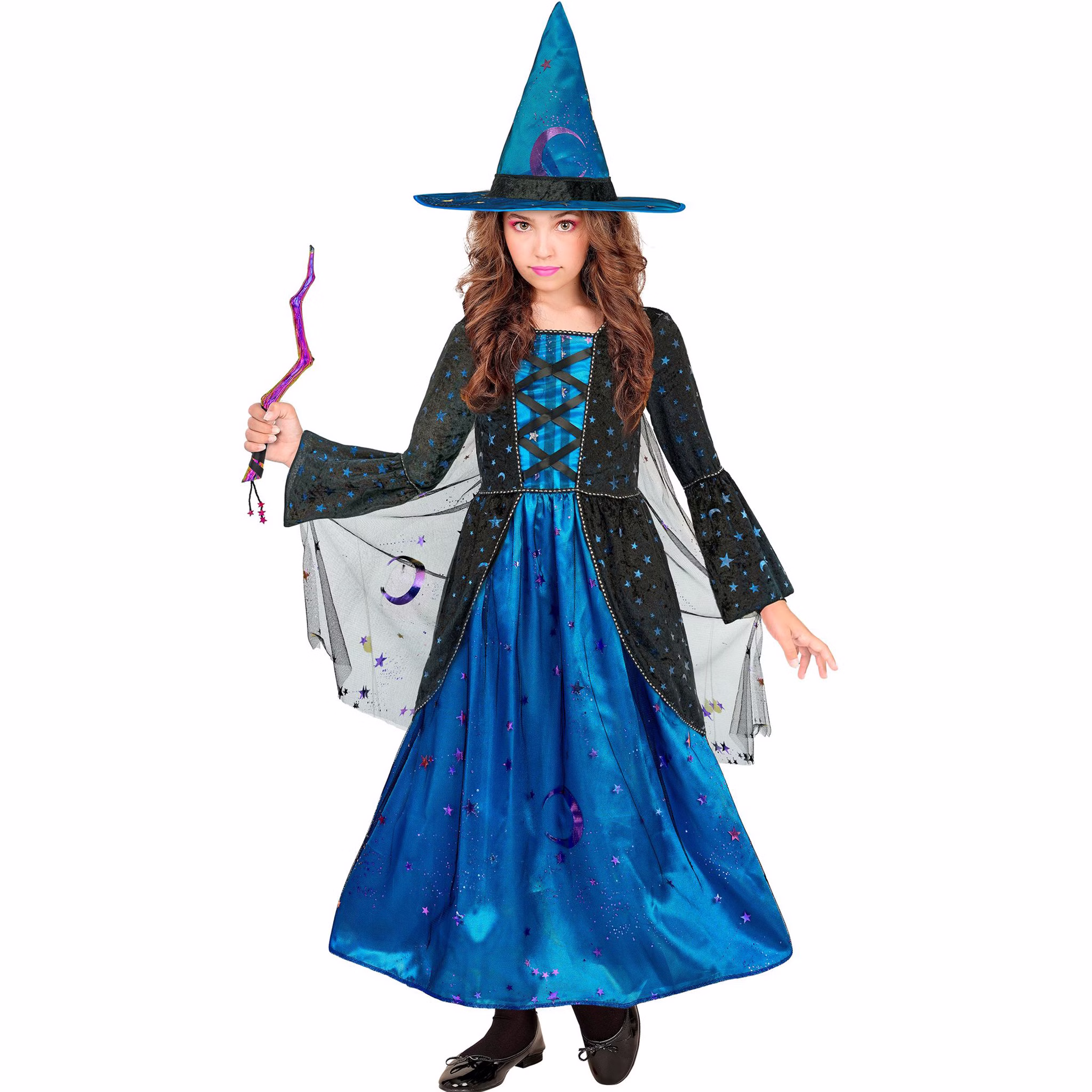 Kinder Hexenkostüm Stella in Blau-Schwarz mit Mond- und Sternenmotiven, Schnür-Optik, Hexenhut und transparentem Cape.