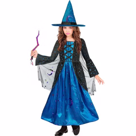 Hexenkostüm Kinder Stella Mond Sterne Fantasy Halloween Kinder Hexenkostüm Stella in Blau-Schwarz mit Mond- und Sternenmotiven, Schnür-Optik, Hexenhut und transparentem Cape.