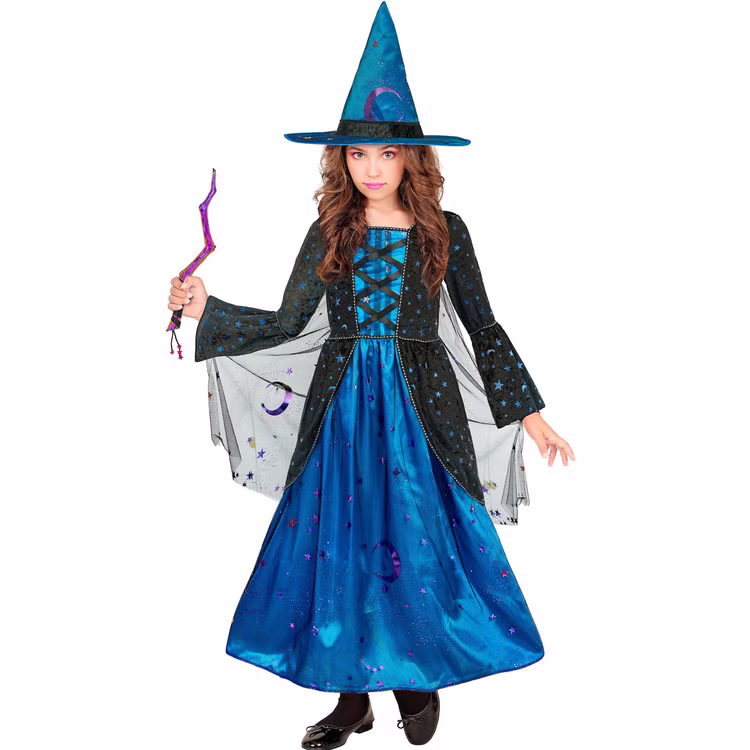 Hexenkostüm Kinder Stella Mond Sterne Fantasy Halloween Kinder Hexenkostüm Stella in Blau-Schwarz mit Mond- und Sternenmotiven, Schnür-Optik, Hexenhut und transparentem Cape.