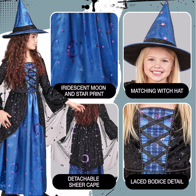 Hexenkostüm Kinder Stella Details Mond Sterne Hut Schleier Detailansichten des Hexenkostüms Stella mit schimmernden Mond- und Sternenmotiven, Hexenhut, Schnürung und transparentem Cape.
