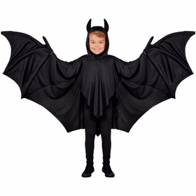 Fledermaus Kostüm Kinder Nox Vorderansicht Schwarze Flügel Fledermaus Kostüm Nox für Kinder in Schwarz mit Kapuze und weit ausgebreiteten, gezackten Fledermausflügeln.