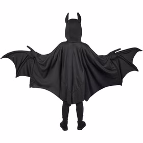 Fledermaus Kostüm Kinder Nox Rückansicht Umhang Flügel Rückansicht des schwarzen Fledermaus Kostüms Nox mit Kapuze, aufgestellten Ohren und weit geöffneten großen Flügeln.