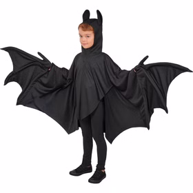 Fledermaus Kostüm Kinder Nox Biegsame Flügel Halloween Kind im schwarzen Fledermaus Kostüm Nox mit Kapuze und seitlich ausgebreiteten biegsamen Flügeln für Halloween und Fasching.