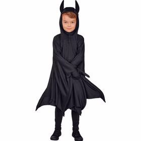 Fledermaus Kostüm Kinder Nox Umhang Kapuze Fledermausohren Schwarzer Fledermaus-Umhang Nox für Kinder mit geschlossenen Flügeln und Kapuze mit auffälligen aufgestellten Fledermausohren.