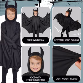 Fledermaus Kostüm Kinder Nox Details Flügel Kapuze Schwarz Detailübersicht des schwarzen Fledermaus Kostüms Nox mit großer Flügelspannweite, biegsamen Flügeln und Kapuze mit Ohren.