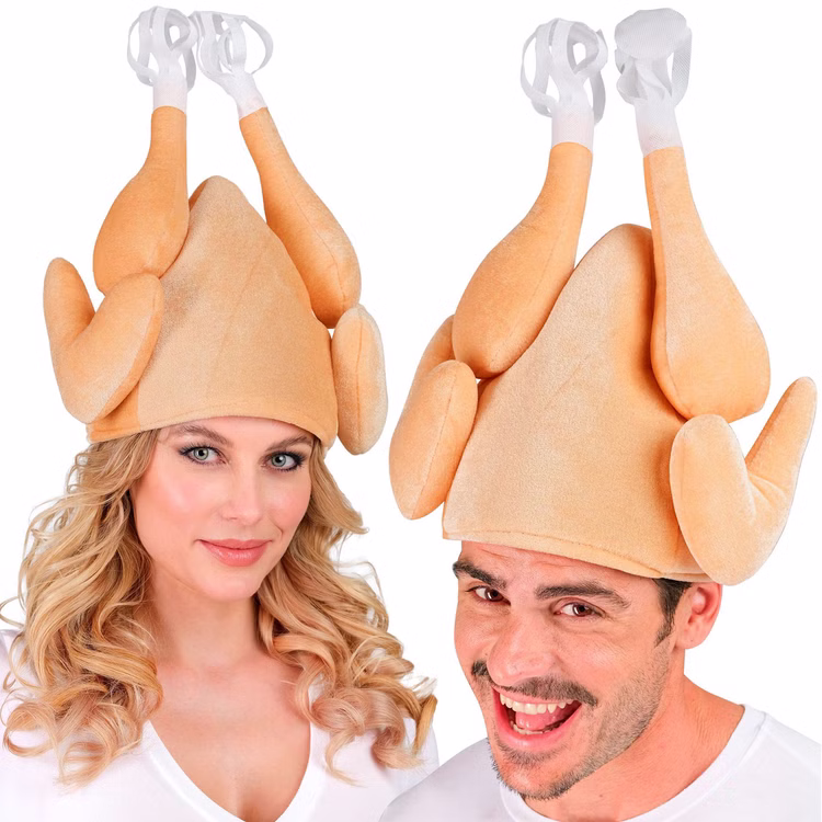 Brathähnchen Hut Erwachsene Unisex Damen Herren Party Frau und Mann tragen den lustigen Brathähnchen Hut mit Flügeln und hochstehenden Keulen als Unisex Party-Kopfbedeckung.