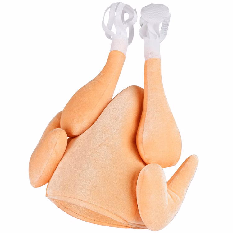 Brathähnchen Hut Erwachsene Huhn Truthahn Kostüm Zubehör Witziger Brathähnchen Hut in goldbrauner Geflügel-Optik mit seitlichen Flügeln, zwei Keulen und weißen Knochenenden.