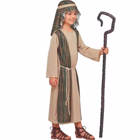 Krippenspiel Kostüm Kinder Josef Hirte Seitenansicht Kind im Josef und Hirten Kostüm mit langer beiger Tunika, gestreifter Kopfbedeckung, Kordelgürtel und dekorativem Hirtenstab.