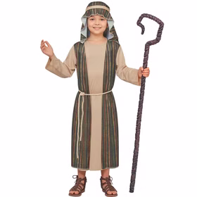 Krippenspiel Kostüm Kinder Josef Schäfer Vorderansicht Vorderansicht des Krippenspiel Kostüms für Kinder mit beiger Tunika, gestreifter Westenoptik, Kopfbedeckung und Kordelgürtel.