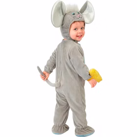 Maus Kostüm Jona Vorder und Rückansicht Graues Maus Kostüm Jona für Kleinkinder mit Overall, großen Mäuseohren, blauem Bauch, Schwanz und gelbem Käsestück als Zubehör.