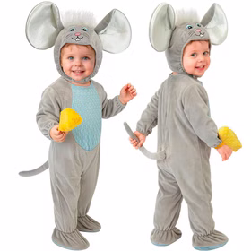 Maus Kostüm Jona Vorderansicht Maus Kostüm Jona in Grau für Kleinkinder von vorn mit großen Ohren, blauem Bauch, Füßen, Schwanz und gelbem Käse als Zubehör.