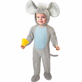 Maus Kostüm Jona Vorderansicht Maus Kostüm Jona in Grau für Kleinkinder von vorn mit großen Ohren, blauem Bauch, Füßen, Schwanz und gelbem Käse als Zubehör.