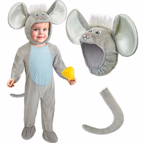 Maus Kostüm Jona Kopfbedeckung und Schwanz Graues Maus Kostüm Jona für Kleinkinder mit Detailansicht der Kopfbedeckung, großen Ohren und abnehmbarem grauen Schwanz.