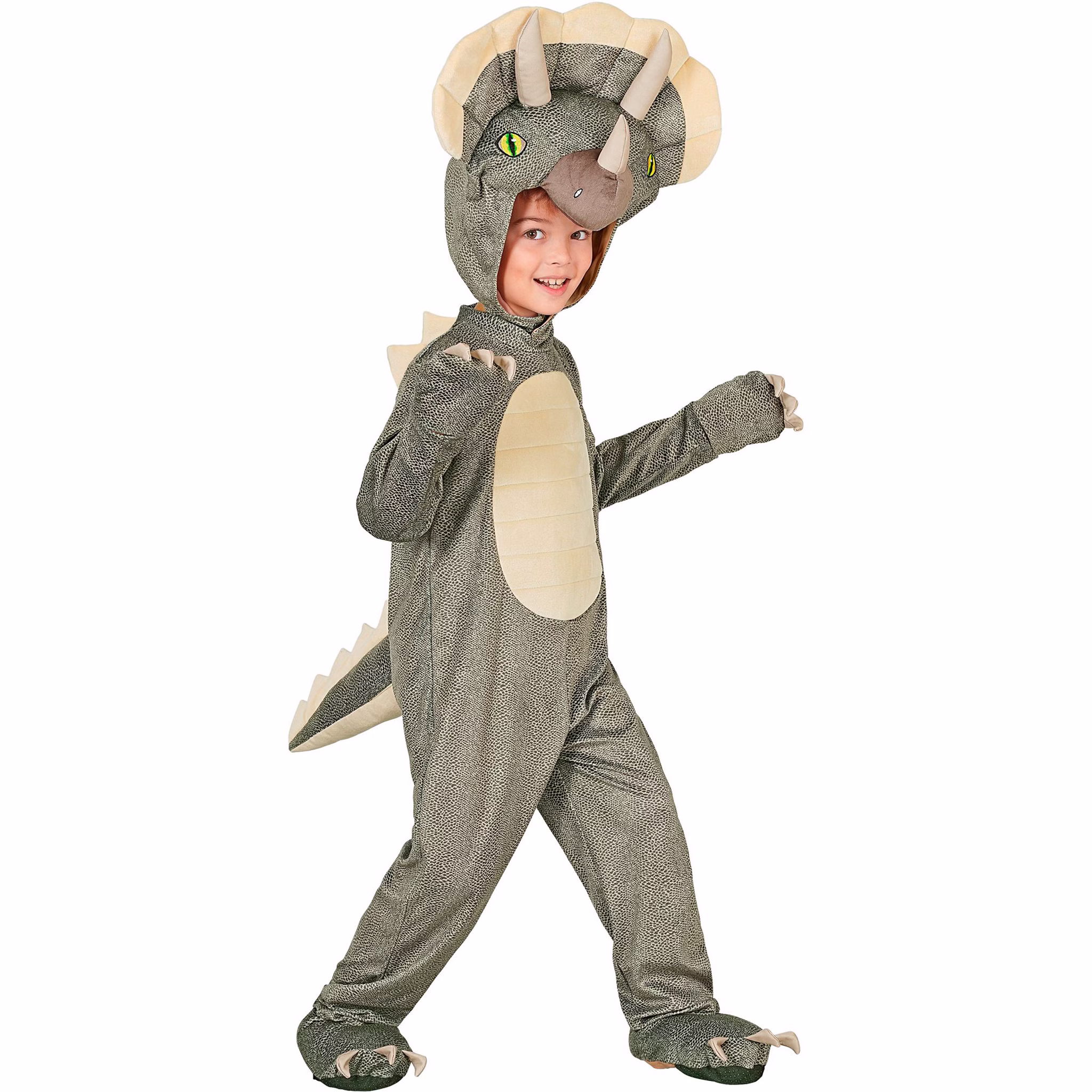 Grünes Triceratops Kostüm Mika für Kinder in Seitenansicht mit drei Hörnern, hellem Bauch, Dino-Krallen und gezacktem Schwanz.