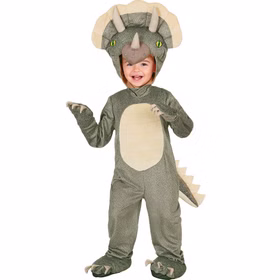 Triceratops Kostüm Mika Vorderansicht Triceratops Kostüm Mika für Kinder von vorn mit großem Dino-Kopfstück, drei Hörnern, hellem Bauch und Krallendetails.