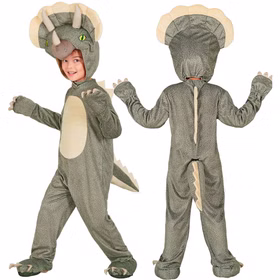 Triceratops Kostüm Mika Vorder und Rückansicht Triceratops Kinderkostüm Mika in Vorder- und Rückansicht mit Dino-Kopf, Rückenzacken, Krallen und abnehmbarem Schwanz.