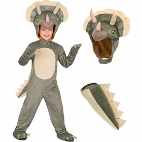 Detailansicht des Triceratops Kostüms Mika mit grünem Overall, gepolstertem Kopfstück mit drei Hörnern und Dino-Schwanz. Triceratops Kostüm Mika Details