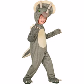Triceratops Kostüm Mika Seitenansicht Grünes Triceratops Kostüm Mika für Kinder in Seitenansicht mit drei Hörnern, hellem Bauch, Dino-Krallen und gezacktem Schwanz.