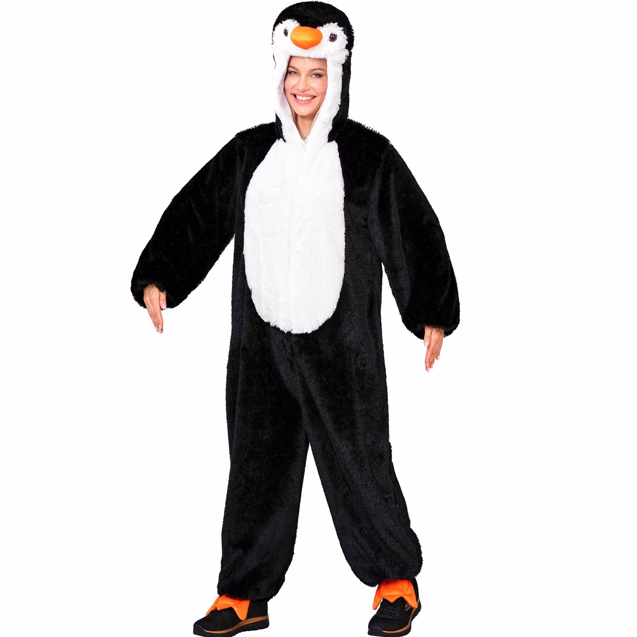 Pinguin Kostüm Piet Damen Vorderansicht Schwarzes Pinguin Kostüm Piet an einer Dame mit großer weißer Bauchpartie, Pinguin-Kapuze und orangefarbenen Fußdetails.