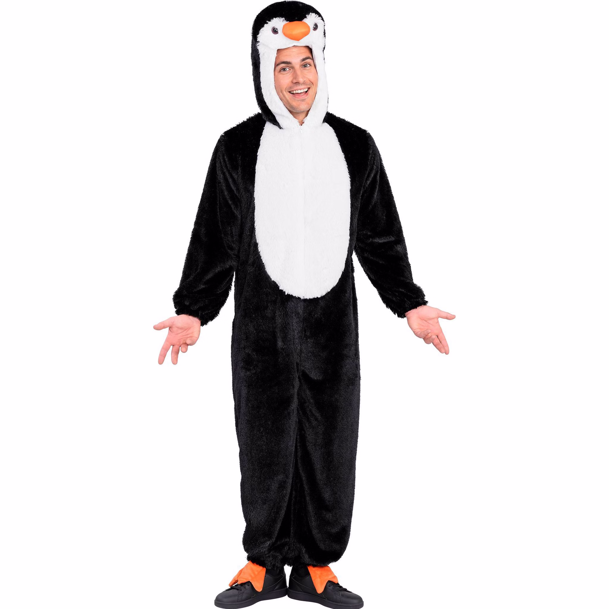 Pinguin Kostüm Piet Herren Vorderansicht Schwarzes Pinguin Plüschkostüm Piet für Erwachsene mit weißem Bauch, Kapuze, orangefarbenem Schnabel und Fußdetails.