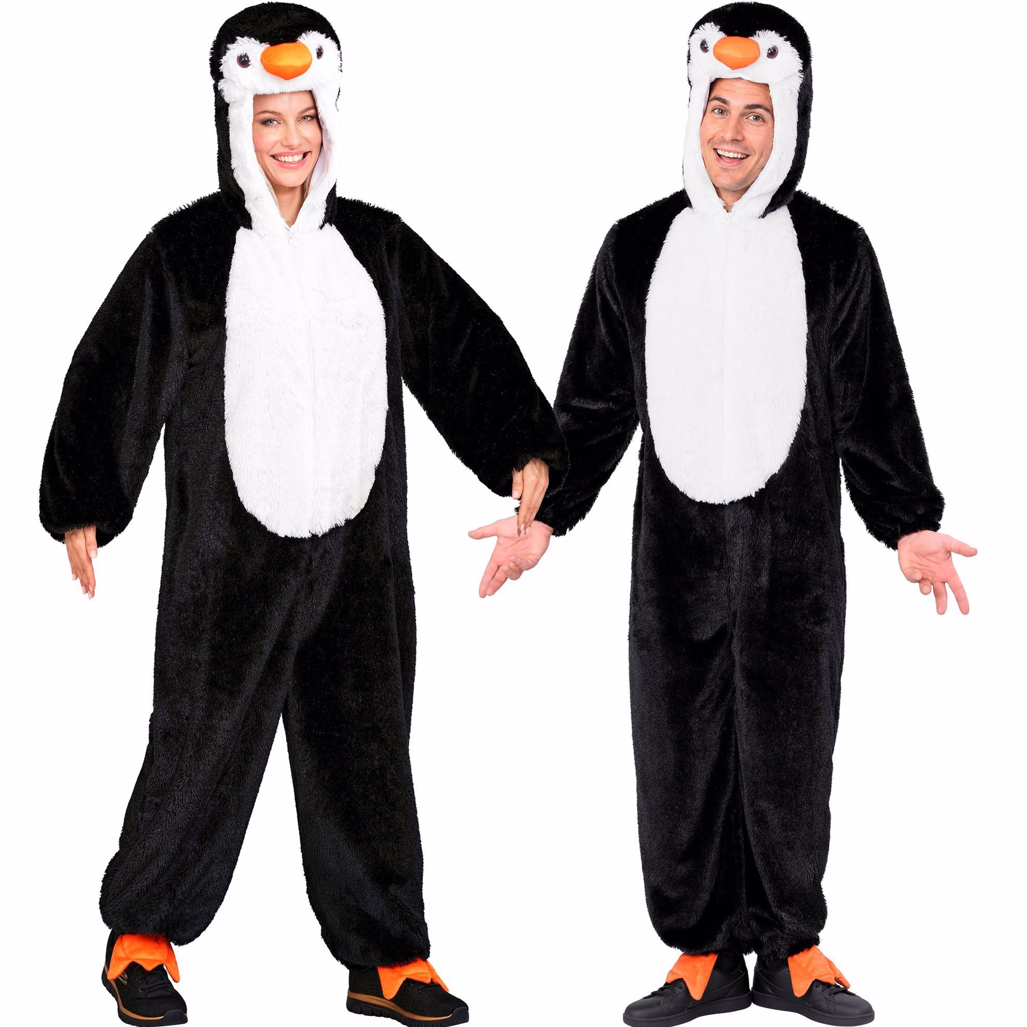Pinguin Kostüm Piet Damen Herren Pinguin Kostüm Piet als Unisex Plüsch-Overall an Dame und Herrn mit weißem Bauch, Tierkapuze und orangefarbenen Füßen.