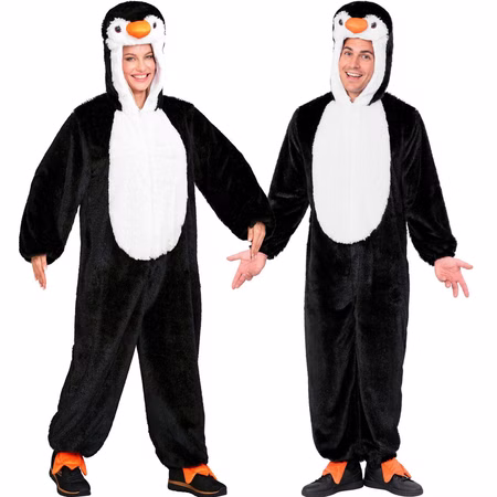 Pinguin Kostüm Piet Damen Herren Pinguin Kostüm Piet als Unisex Plüsch-Overall an Dame und Herrn mit weißem Bauch, Tierkapuze und orangefarbenen Füßen.