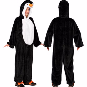 Pinguin Plüschkostüm Piet für Erwachsene in Vorder- und Rückansicht mit schwarzem Overall, weißem Bauch und Kapuze.