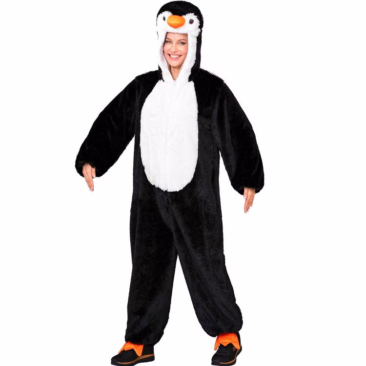 Pinguin Kostüm Piet Damen Vorderansicht Schwarzes Pinguin Kostüm Piet an einer Dame mit großer weißer Bauchpartie, Pinguin-Kapuze und orangefarbenen Fußdetails.