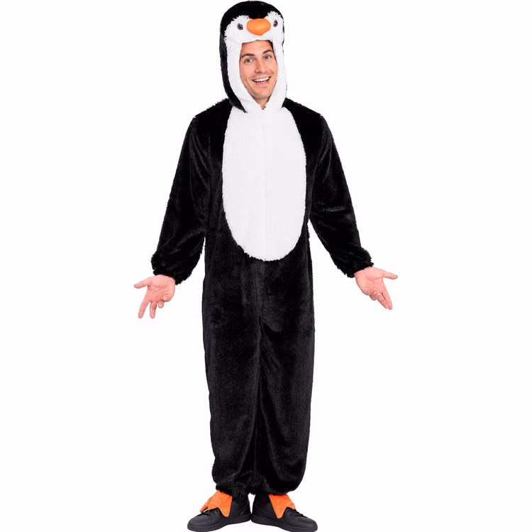 Pinguin Kostüm Piet Herren Vorderansicht Schwarzes Pinguin Plüschkostüm Piet für Erwachsene mit weißem Bauch, Kapuze, orangefarbenem Schnabel und Fußdetails.