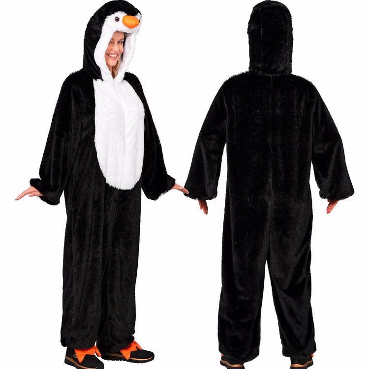 Pinguin Kostüm Piet Vorder und Rückansicht Pinguin Plüschkostüm Piet für Erwachsene in Vorder- und Rückansicht mit schwarzem Overall, weißem Bauch und Kapuze.