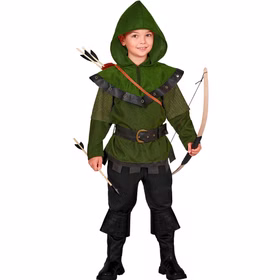Robin Hood Kostüm Kinder Vorderansicht Grünes Robin Hood Kostüm für Kinder mit Kapuze, schwarzem Gürtel und mittelalterlichen Details als Waldläufer und Bogenschütze.