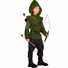 Robin Hood Kostüm Kinder Seitenansicht Robin Hood Kinderkostüm in Grün seitlich gezeigt mit großer Kapuze, Gürtel und dekorativen Schulter- und Ärmelpartien.