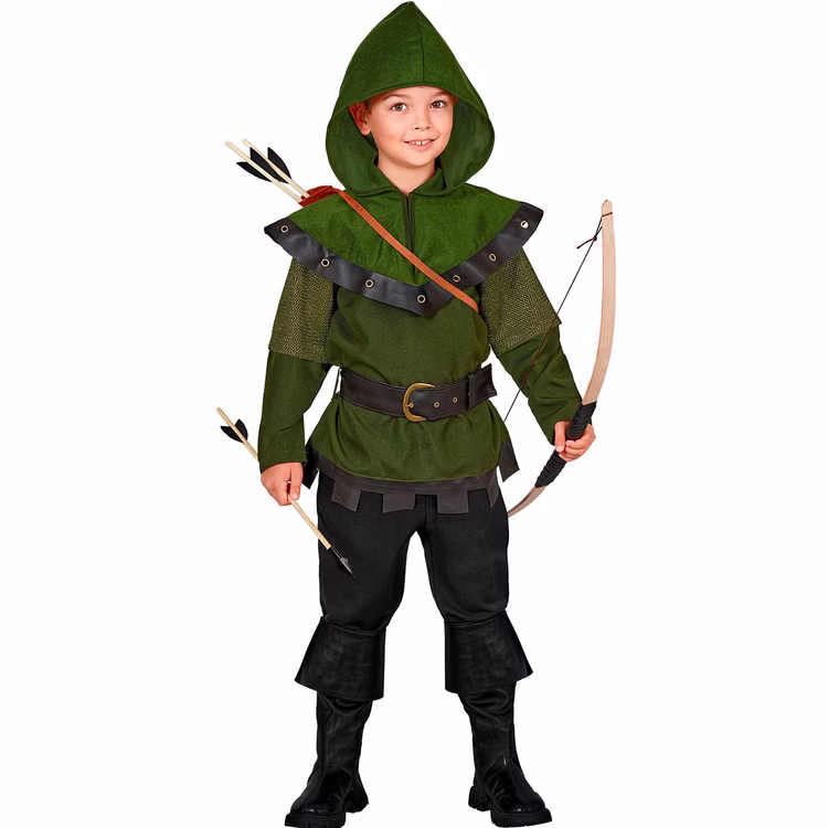 Robin Hood Kostüm Kinder Vorderansicht Grünes Robin Hood Kostüm für Kinder mit Kapuze, schwarzem Gürtel und mittelalterlichen Details als Waldläufer und Bogenschütze.