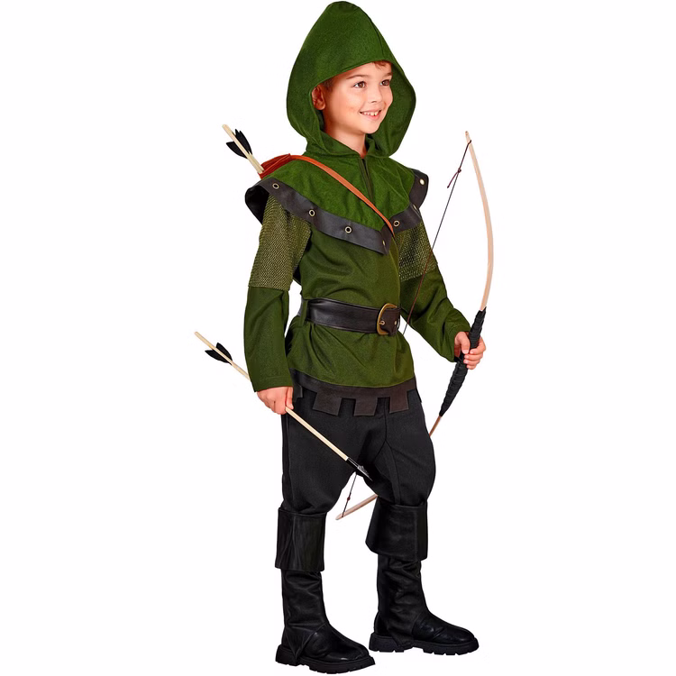 Robin Hood Kostüm Kinder Seitenansicht Robin Hood Kinderkostüm in Grün seitlich gezeigt mit großer Kapuze, Gürtel und dekorativen Schulter- und Ärmelpartien.