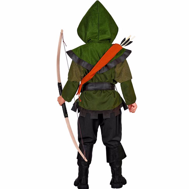Robin Hood Kostüm Kinder Rückansicht Rückansicht des grünen Robin Hood Kinderkostüms mit Kapuze, schwarzem Schulterbesatz und breitem Gürtel in Lederoptik.