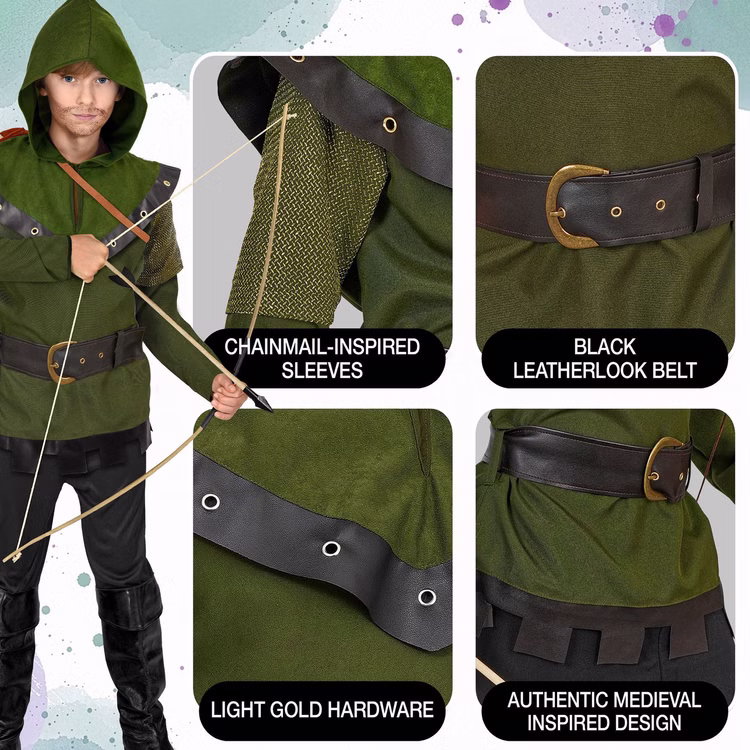 Robin Hood Kostüm Kinder Details Detailansicht des grünen Robin Hood Kinderkostüms mit Kapuze, Gürtel, schwarzen Besätzen und Ärmeln in Kettenhemd-Optik.