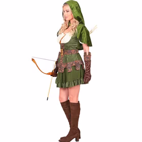 Robin Hood Kostüm Damen Seitenansicht Seitliche Ansicht des grünen Robin Hood Damenkostüms als Waldläuferin mit Kapuze, Gürtel und braunen Handschuhen.