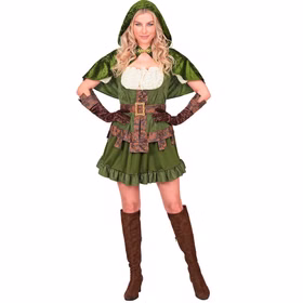 Robin Hood Kostüm Damen Vorderansicht Grünes Robin Hood Kostüm für Damen mit kurzem Kleid, Kapuzenumhang, braunem Gürtel und langen Handschuhen.