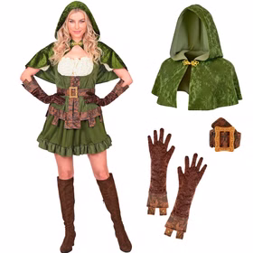 Robin Hood Kostüm Damen Lieferumfang Robin Hood Damenkostüm mit grünem Kleid, Kapuzenumhang, braunem Gürtel und einem Paar langen Handschuhen.