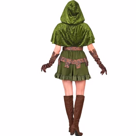 Robin Hood Kostüm Damen Rückansicht Rückansicht des grünen Waldläuferinnen-Kostüms für Damen mit samtigem Kapuzenumhang, Gürtel und kurzem Kleid.