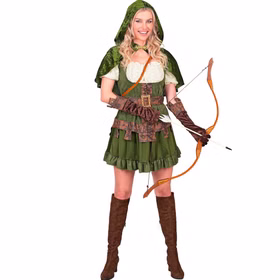 Robin Hood Kostüm Damen Bogenschützin Robin Hood Kostüm für Damen in Grün als Bogenschützin und Waldläuferin mit Kapuzenumhang und rustikalen Details.