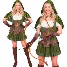 Robin Hood Kostüm Damen Waldläuferin Grünes Waldläuferin Kostüm für Damen im Robin Hood Stil mit Kleid, Kapuzenumhang, Gürtel und braunen Handschuhen.