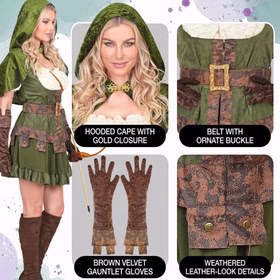 Robin Hood Kostüm Damen Details Detailübersicht des grünen Robin Hood Damenkostüms mit Kapuzenumhang, Gürtel, Handschuhen und rustikalen Besätzen.