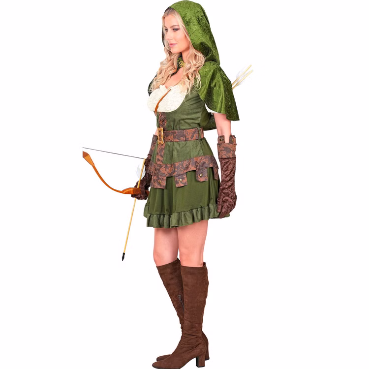 Robin Hood Kostüm Damen Seitenansicht Seitliche Ansicht des grünen Robin Hood Damenkostüms als Waldläuferin mit Kapuze, Gürtel und braunen Handschuhen.