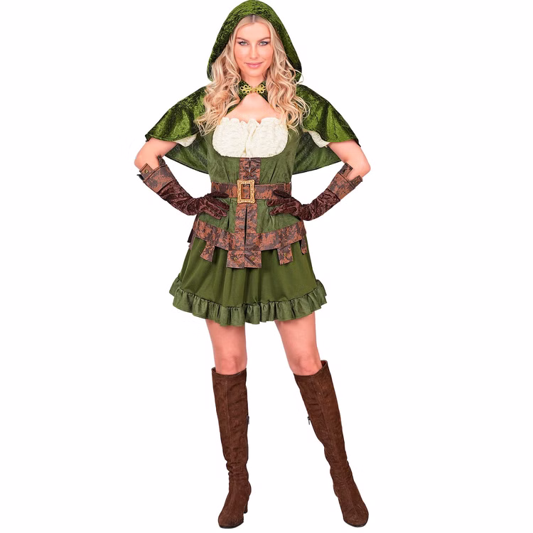 Robin Hood Kostüm Damen Vorderansicht Grünes Robin Hood Kostüm für Damen mit kurzem Kleid, Kapuzenumhang, braunem Gürtel und langen Handschuhen.