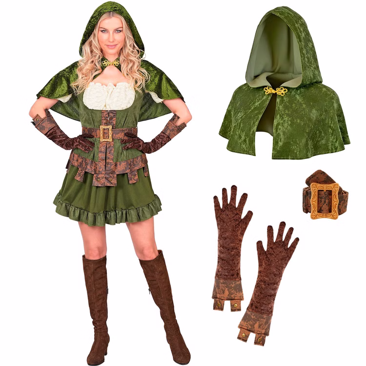 Robin Hood Kostüm Damen Lieferumfang Robin Hood Damenkostüm mit grünem Kleid, Kapuzenumhang, braunem Gürtel und einem Paar langen Handschuhen.