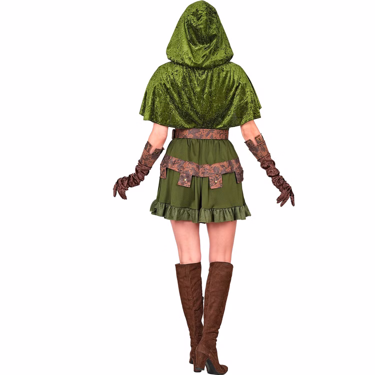 Robin Hood Kostüm Damen Rückansicht Rückansicht des grünen Waldläuferinnen-Kostüms für Damen mit samtigem Kapuzenumhang, Gürtel und kurzem Kleid.