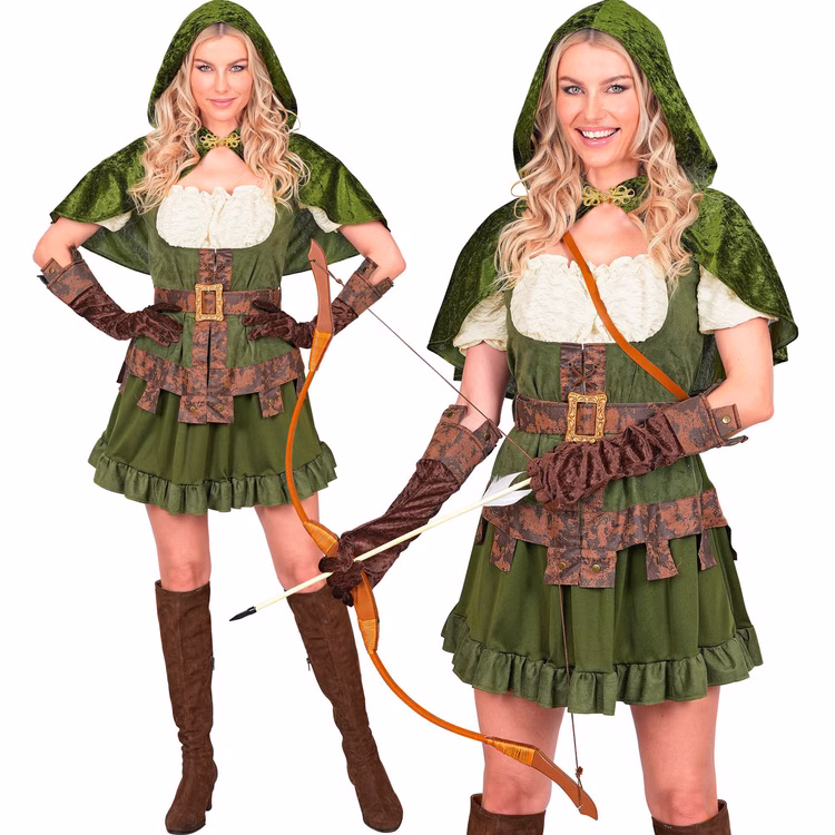 Robin Hood Kostüm Damen Waldläuferin Grünes Waldläuferin Kostüm für Damen im Robin Hood Stil mit Kleid, Kapuzenumhang, Gürtel und braunen Handschuhen.