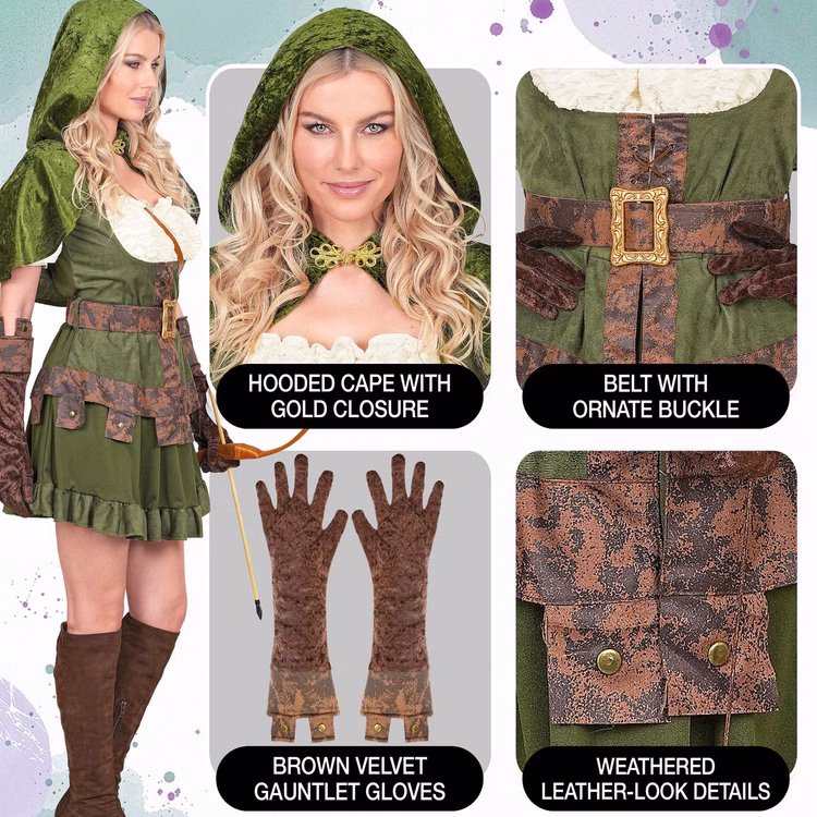 Robin Hood Kostüm Damen Details Detailübersicht des grünen Robin Hood Damenkostüms mit Kapuzenumhang, Gürtel, Handschuhen und rustikalen Besätzen.